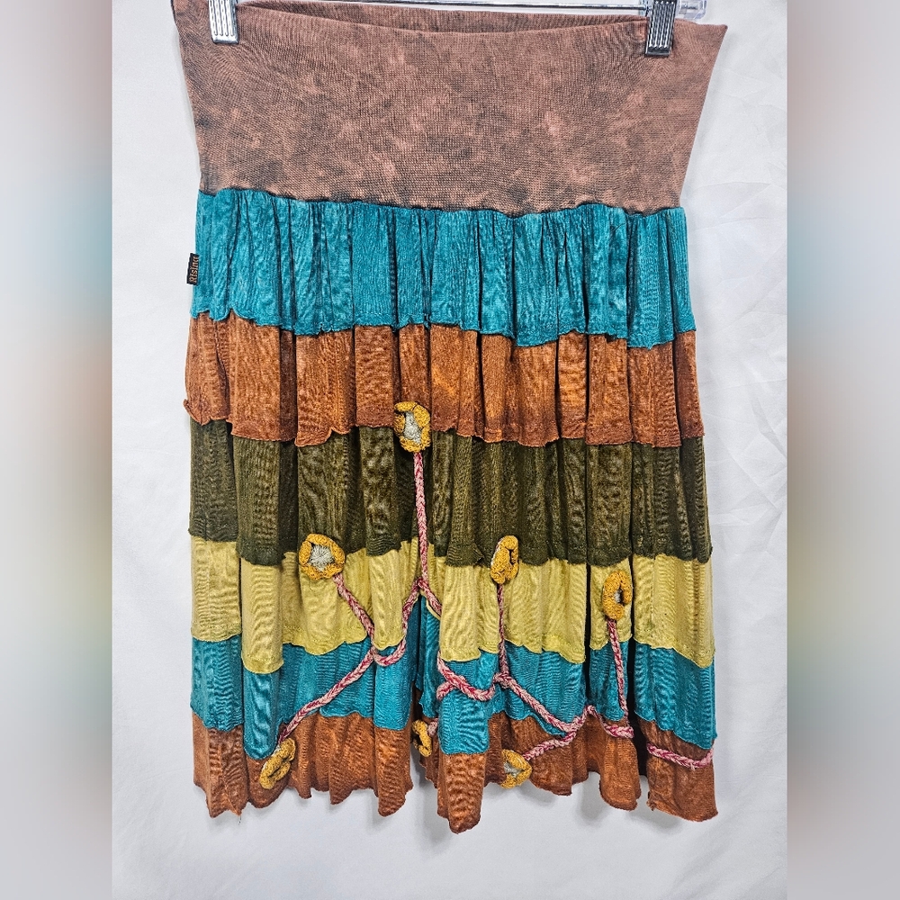 Rising International Boho Tiered Skirt Crochet Trim Patchwork Festival Midi
